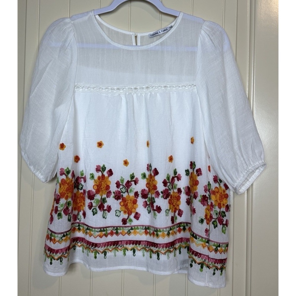 Anthropologie Figueroa & Flower Embroidered Floral Blouse Shirt boho sz PS GUC